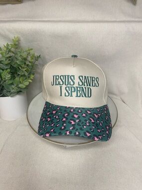 NWT “Jesus Saves I Spend" Embroidered Trucker Cap - Teal & Pink Leopard Brim